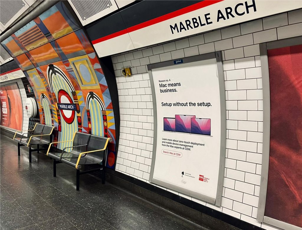 An advert for Apple Macs displayed at the Marble Arch underground station.