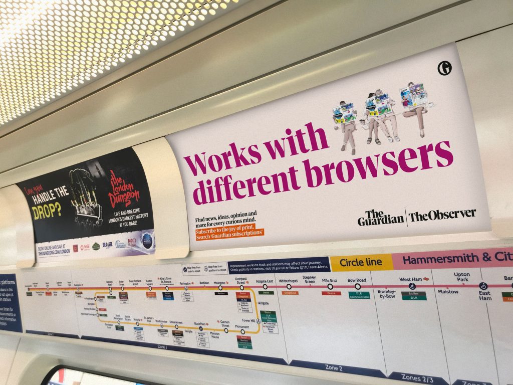 An advert for The Guardian displayed on the London Underground using Tube Car Panels.