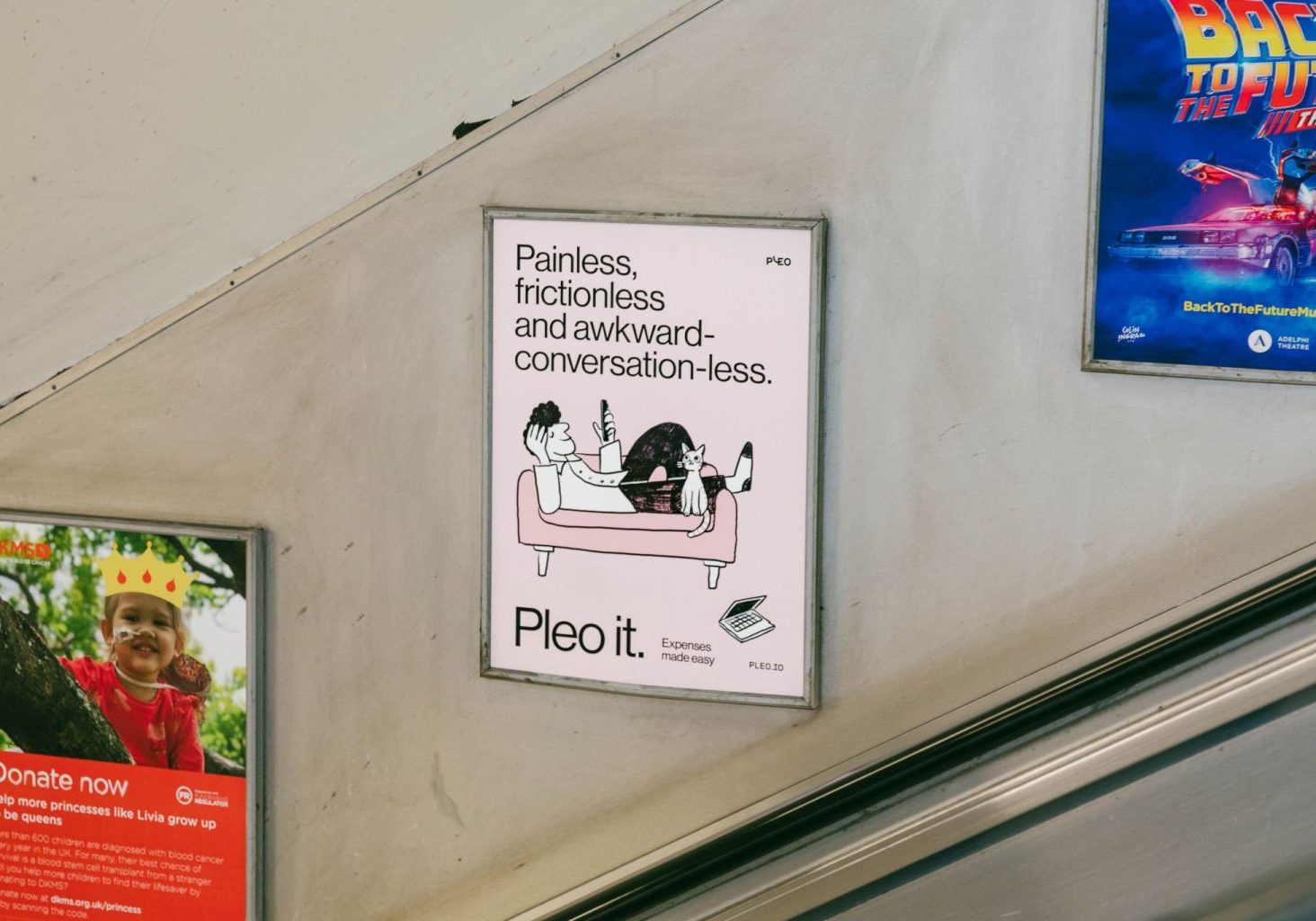 An advert for Pleo using lift escalator panels (LEP's) advertising on the London Underground.